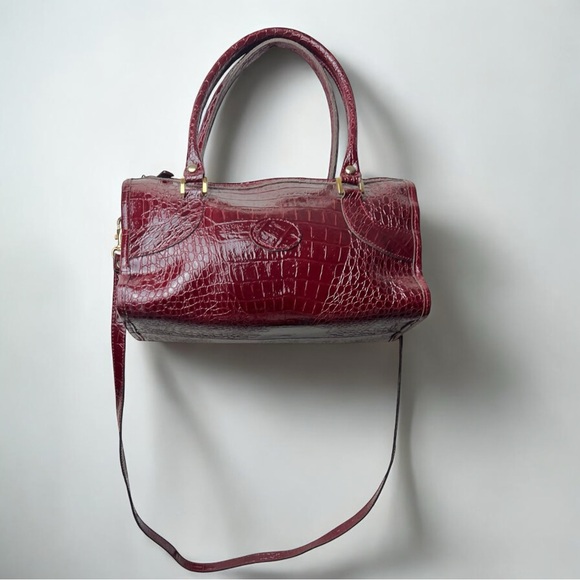 Ox Blood Crocodile-Embossed Satchel with Crossbody Strap - Picture 1 of 10